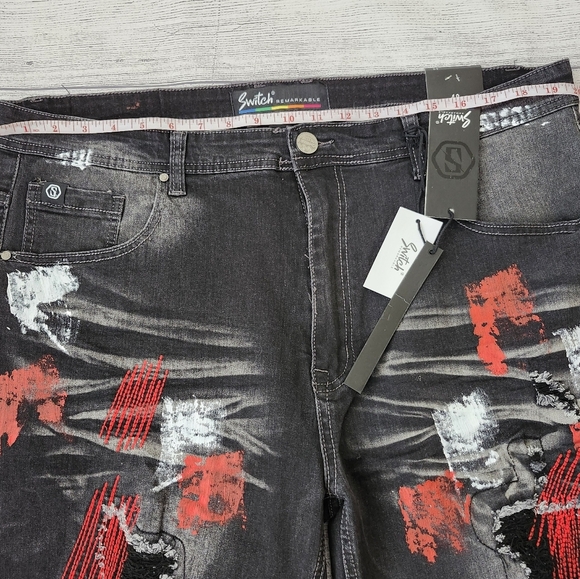 Black and Red Splatter Paint Distressed Men's Biker Shorts (Size 40 & 42) - Picture 12 of 15